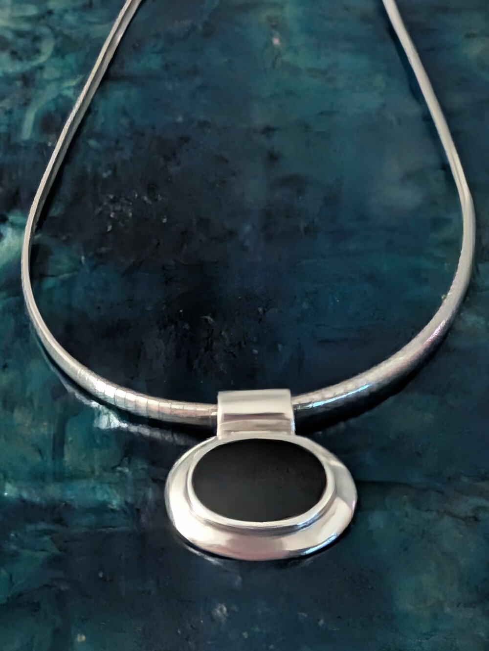 Large Sterling Silver Onyx Pendant Necklace 16" Omega Chain